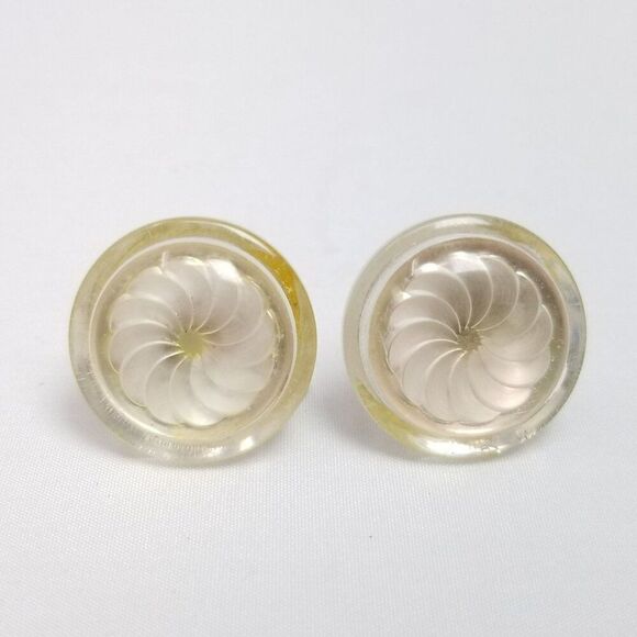 Vintage Button Conversion Clip On Earrings, Spiral Pearlescent Round Design - Picture 2 of 6